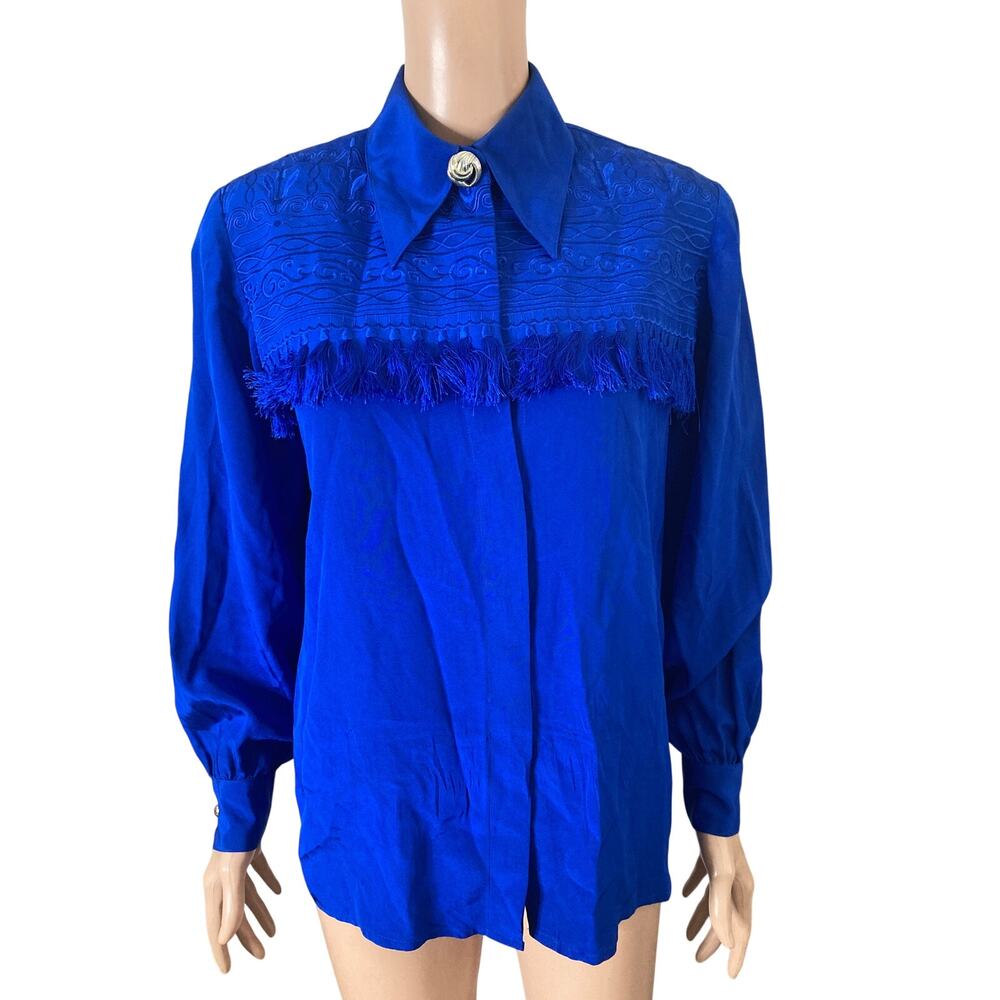 VTG Francesca of Damon Silk Blouse Women 6 Royal Blue Fringe Embroidered Western